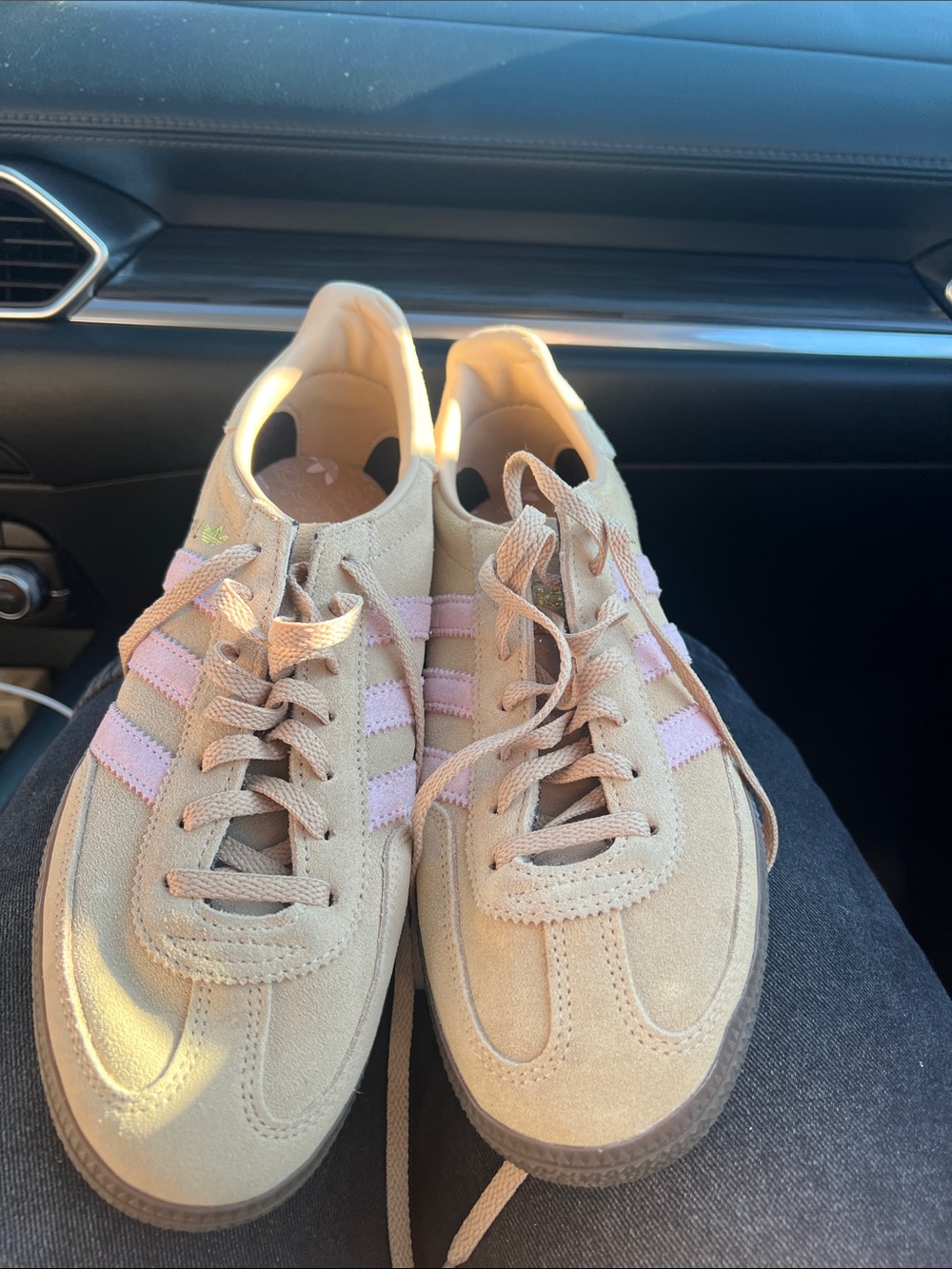 adidas Beige Suede Sneakers with Pink Stripes